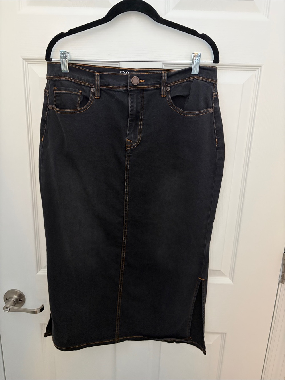 DG2 Dark Indigo Denim Midi Skirt with Contrast Stitching